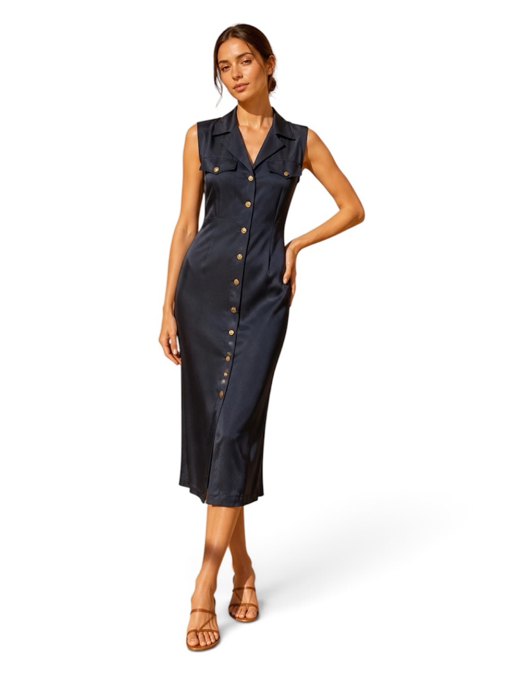 Georgiou Studio Navy Blue 100% Silk Sleeveless Button Front Shirt Dress Size 8S‎